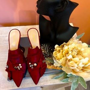 Nine West; Textured, satin crystal embellished mule